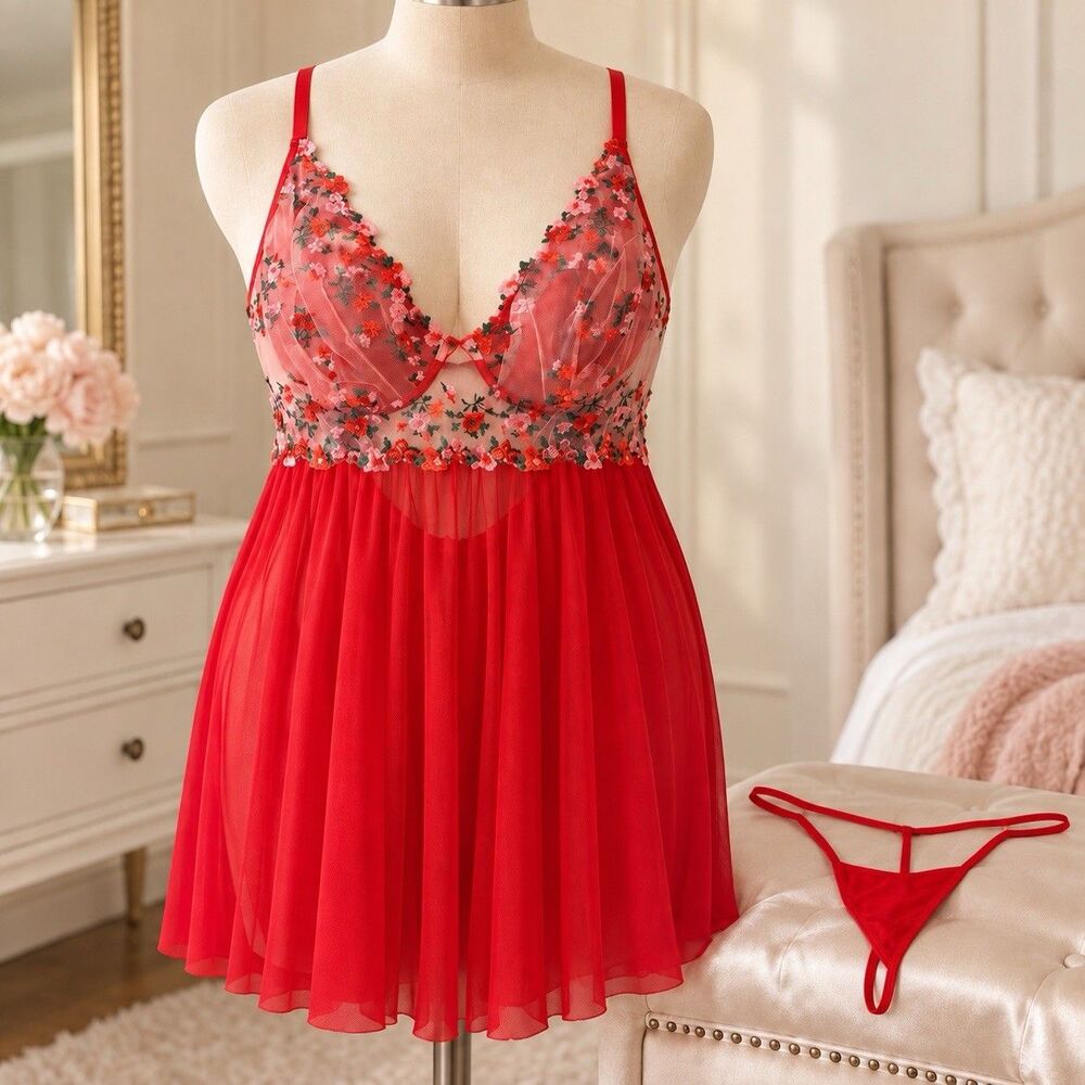 Women’s 3XL Red Floral Embroidered Sheer Mesh Babydoll Lingerie & Matching Thong